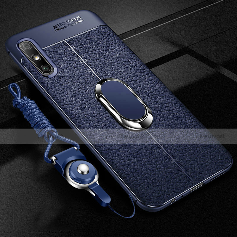 Soft Silicone Gel Leather Snap On Case Cover with Magnetic Finger Ring Stand for Huawei Enjoy 10e Blue