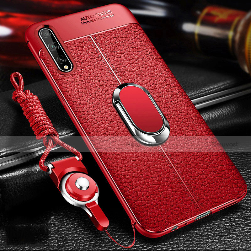 Soft Silicone Gel Leather Snap On Case Cover with Magnetic Finger Ring Stand for Huawei Enjoy 10S Red