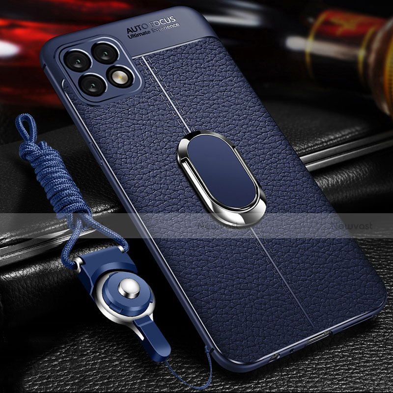 Soft Silicone Gel Leather Snap On Case Cover with Magnetic Finger Ring Stand for Huawei Enjoy 20 5G Blue