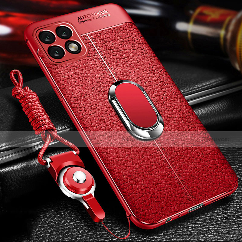 Soft Silicone Gel Leather Snap On Case Cover with Magnetic Finger Ring Stand for Huawei Enjoy 20 5G Red