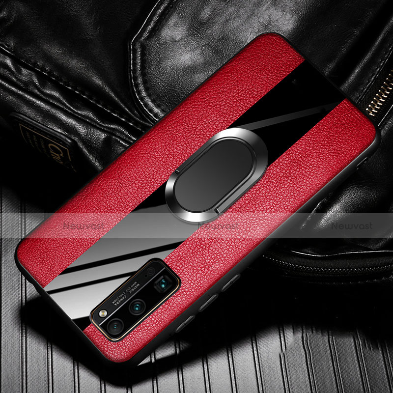 Soft Silicone Gel Leather Snap On Case Cover with Magnetic Finger Ring Stand for Huawei Honor 30 Pro+ Plus Red