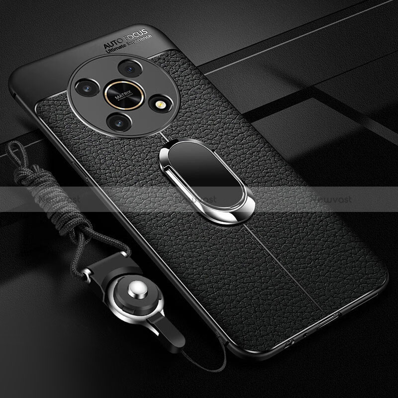 Soft Silicone Gel Leather Snap On Case Cover with Magnetic Finger Ring Stand for Huawei Honor Magic4 Lite 5G