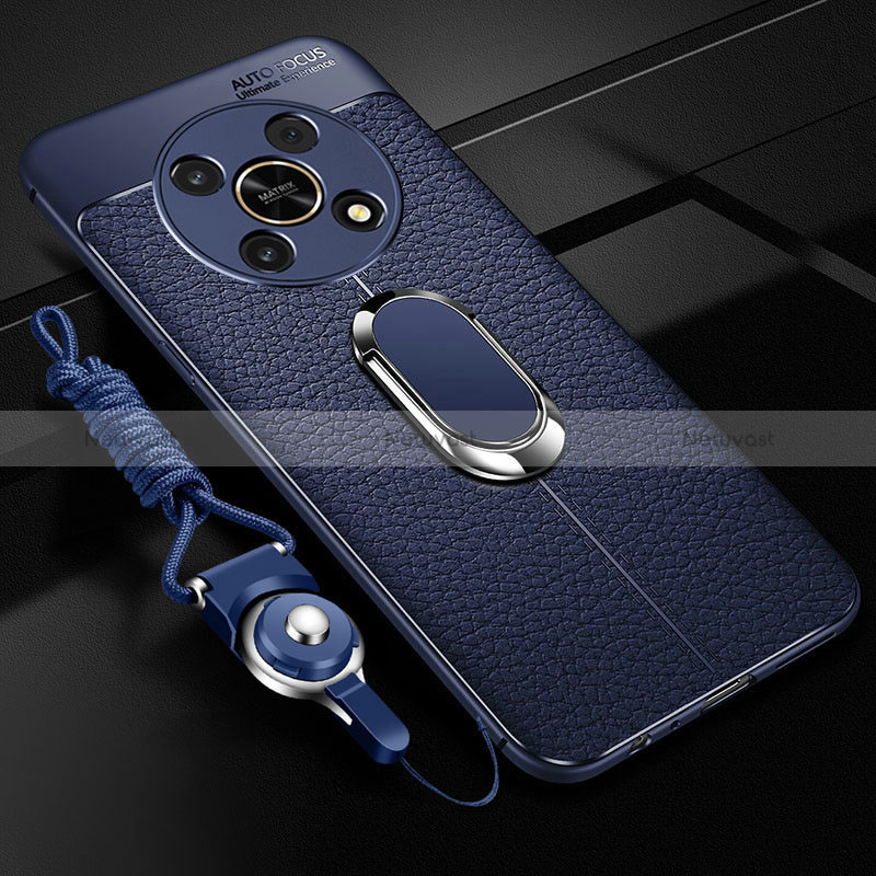 Soft Silicone Gel Leather Snap On Case Cover with Magnetic Finger Ring Stand for Huawei Honor Magic4 Lite 5G Blue