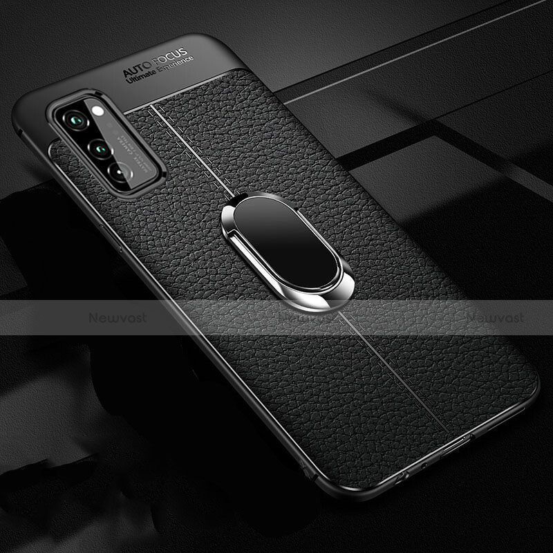 Soft Silicone Gel Leather Snap On Case Cover with Magnetic Finger Ring Stand for Huawei Honor V30 Pro 5G Black