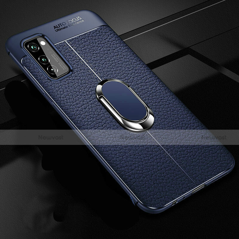 Soft Silicone Gel Leather Snap On Case Cover with Magnetic Finger Ring Stand for Huawei Honor View 30 5G Blue