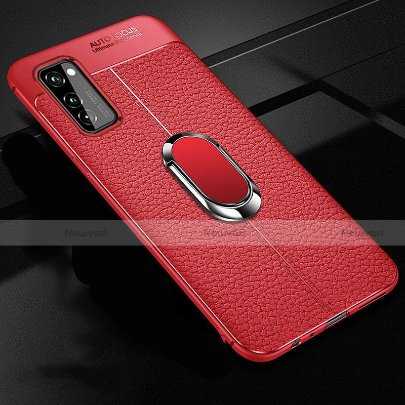 Soft Silicone Gel Leather Snap On Case Cover with Magnetic Finger Ring Stand for Huawei Honor View 30 5G Red