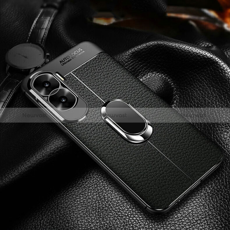 Soft Silicone Gel Leather Snap On Case Cover with Magnetic Finger Ring Stand for Huawei Honor X50i 5G