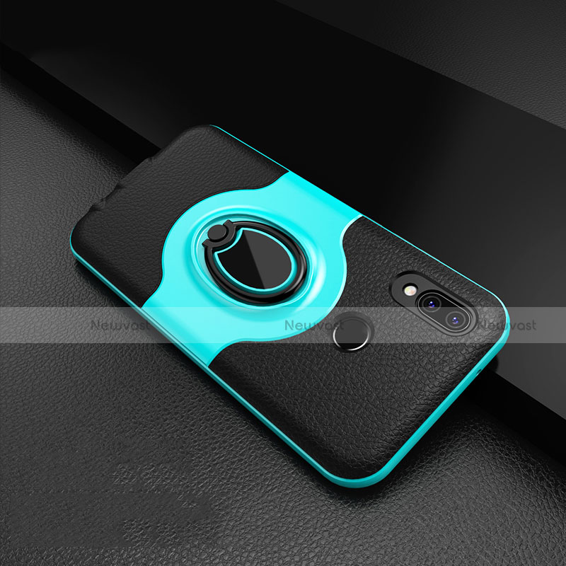 Soft Silicone Gel Leather Snap On Case Cover with Magnetic Finger Ring Stand for Huawei Nova 3e Cyan