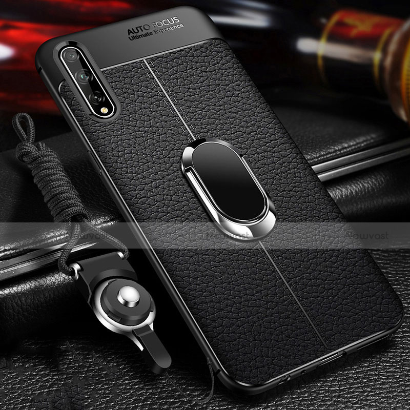 Soft Silicone Gel Leather Snap On Case Cover with Magnetic Finger Ring Stand for Huawei P smart S Black