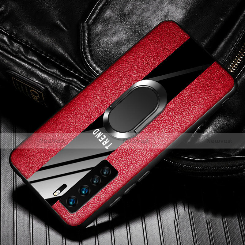 Soft Silicone Gel Leather Snap On Case Cover with Magnetic Finger Ring Stand for Huawei P40 Lite 5G Red