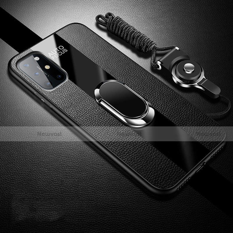 Soft Silicone Gel Leather Snap On Case Cover with Magnetic Finger Ring Stand for OnePlus 8T 5G Black