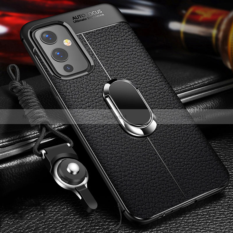 Soft Silicone Gel Leather Snap On Case Cover with Magnetic Finger Ring Stand for OnePlus 9 5G Black