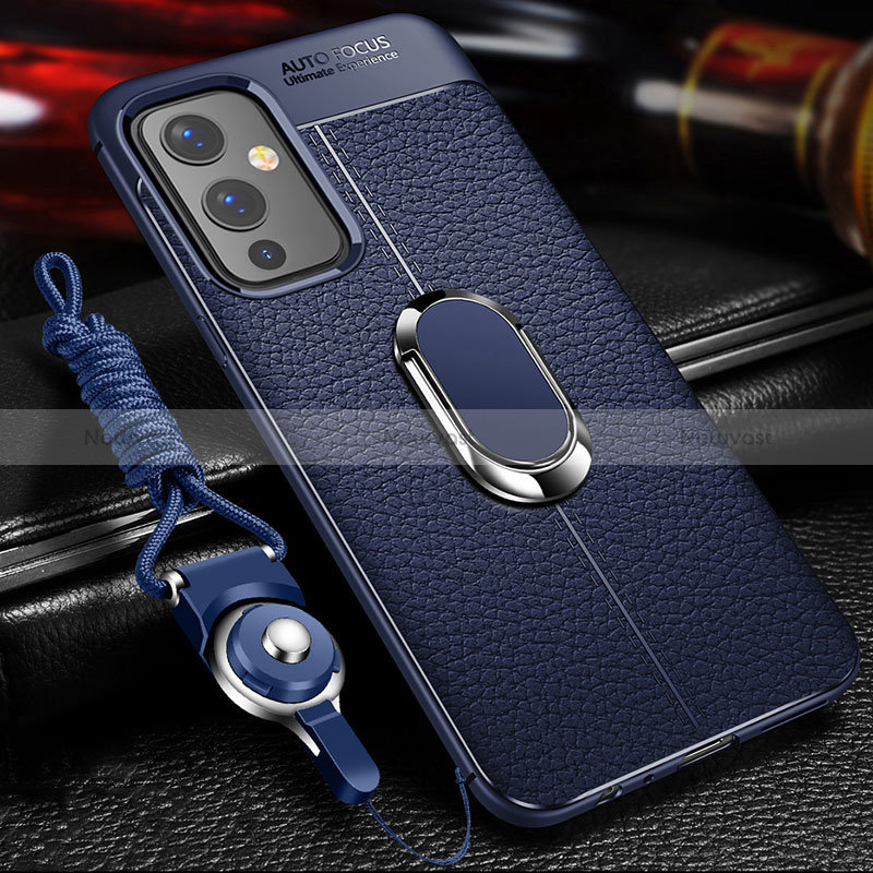 Soft Silicone Gel Leather Snap On Case Cover with Magnetic Finger Ring Stand for OnePlus 9 5G Blue