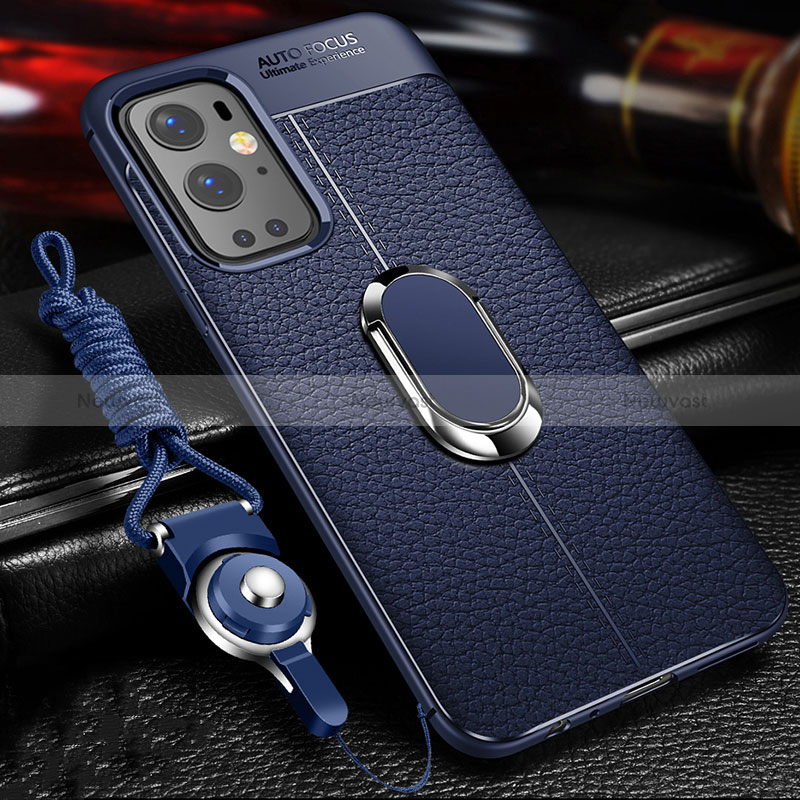 Soft Silicone Gel Leather Snap On Case Cover with Magnetic Finger Ring Stand for OnePlus 9 Pro 5G