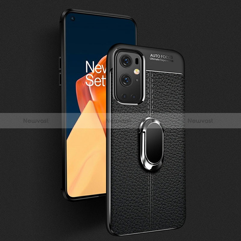 Soft Silicone Gel Leather Snap On Case Cover with Magnetic Finger Ring Stand for OnePlus 9 Pro 5G