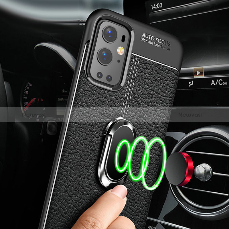 Soft Silicone Gel Leather Snap On Case Cover with Magnetic Finger Ring Stand for OnePlus 9 Pro 5G