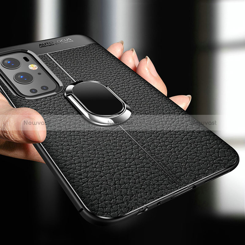 Soft Silicone Gel Leather Snap On Case Cover with Magnetic Finger Ring Stand for OnePlus 9 Pro 5G