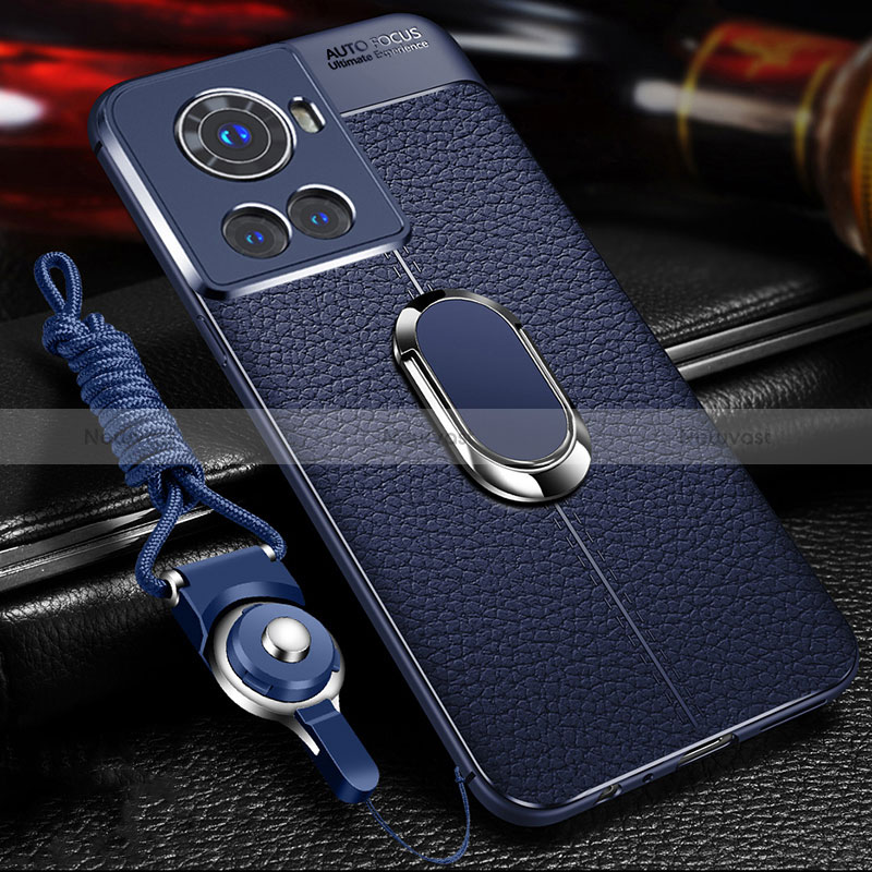 Soft Silicone Gel Leather Snap On Case Cover with Magnetic Finger Ring Stand for OnePlus Ace 5G Blue