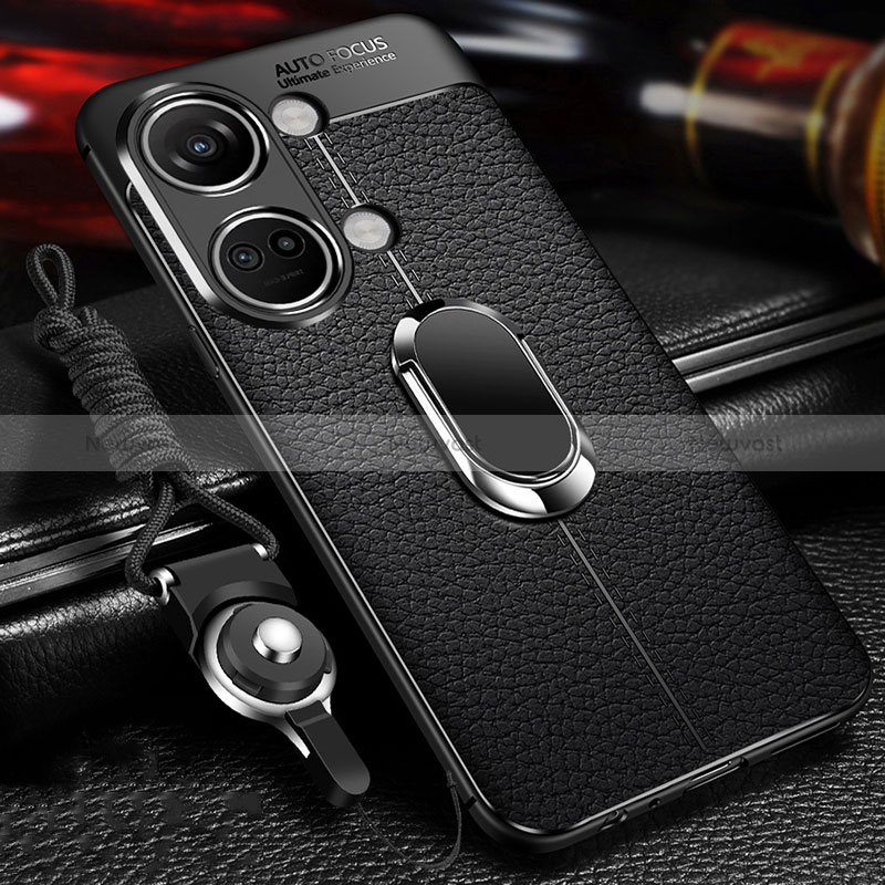 Soft Silicone Gel Leather Snap On Case Cover with Magnetic Finger Ring Stand for OnePlus Nord 3 5G Black