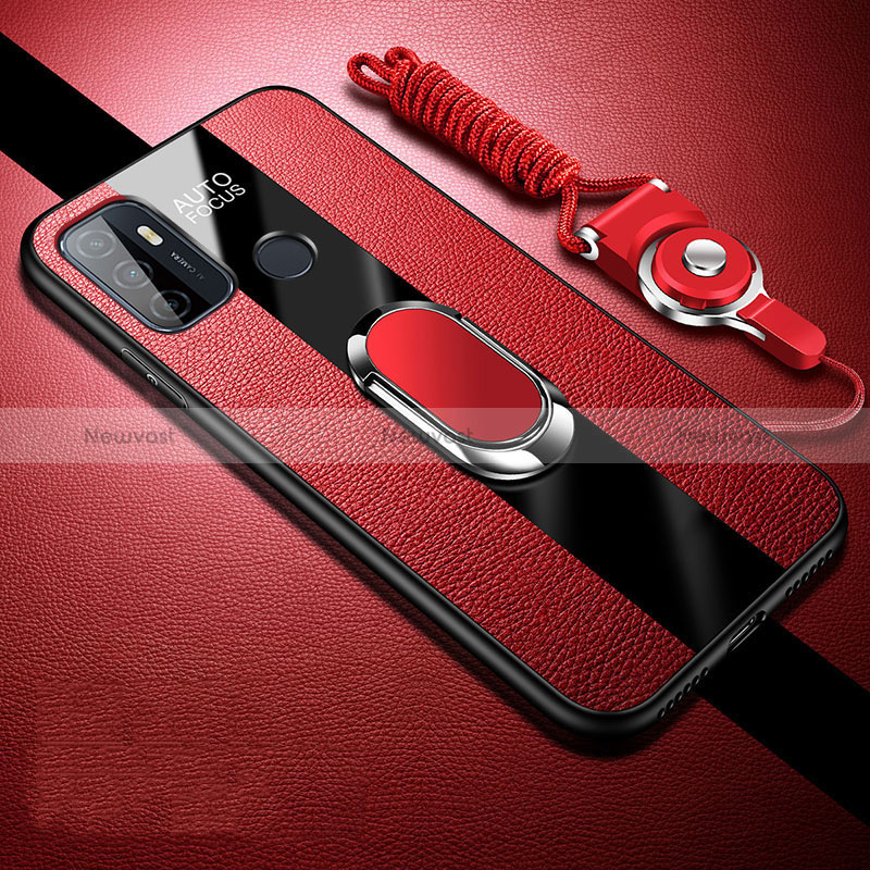 Soft Silicone Gel Leather Snap On Case Cover with Magnetic Finger Ring Stand for Oppo A11s Red