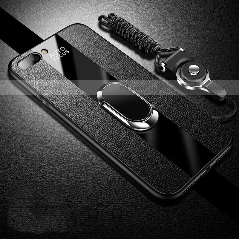 Soft Silicone Gel Leather Snap On Case Cover with Magnetic Finger Ring Stand for Oppo A12e Black