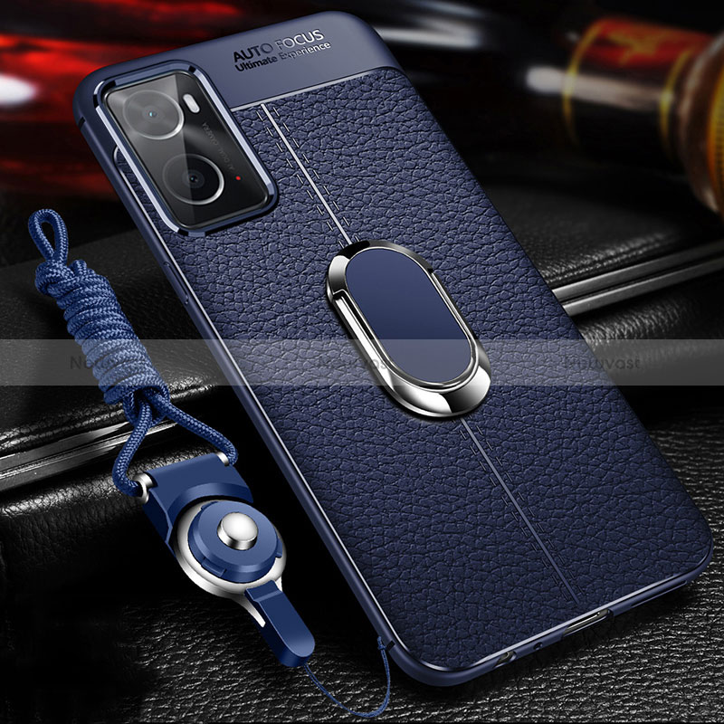 Soft Silicone Gel Leather Snap On Case Cover with Magnetic Finger Ring Stand for Oppo A36 Blue