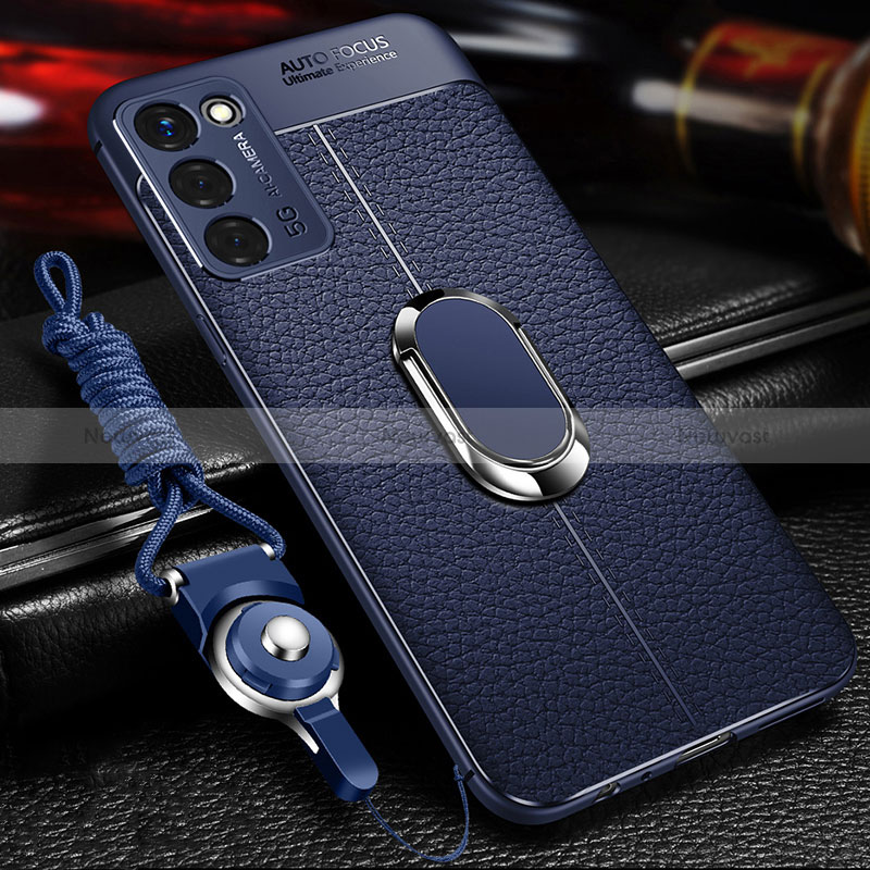 Soft Silicone Gel Leather Snap On Case Cover with Magnetic Finger Ring Stand for Oppo A56 5G Blue