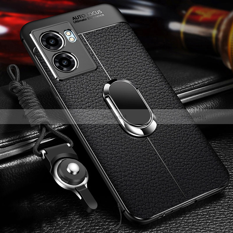 Soft Silicone Gel Leather Snap On Case Cover with Magnetic Finger Ring Stand for Oppo A57 5G Black