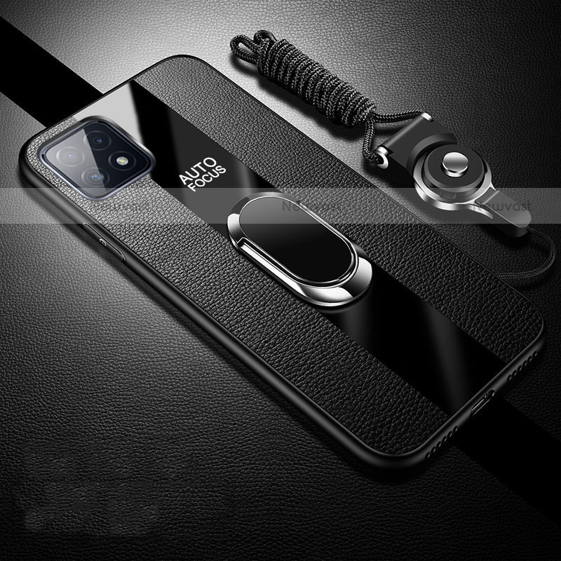 Soft Silicone Gel Leather Snap On Case Cover with Magnetic Finger Ring Stand for Oppo A72 5G Black