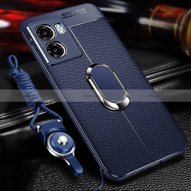 Soft Silicone Gel Leather Snap On Case Cover with Magnetic Finger Ring Stand for Oppo A77 5G Blue