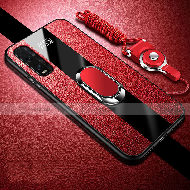 Soft Silicone Gel Leather Snap On Case Cover with Magnetic Finger Ring Stand for Oppo Find X2 Red