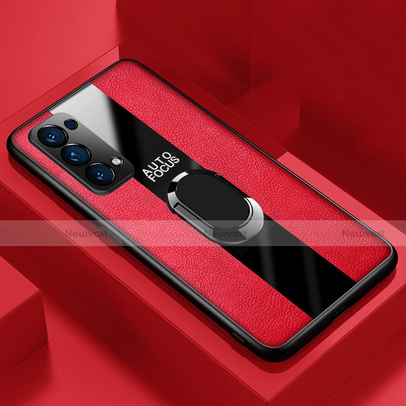 Soft Silicone Gel Leather Snap On Case Cover with Magnetic Finger Ring Stand for Oppo Find X3 Lite 5G Red