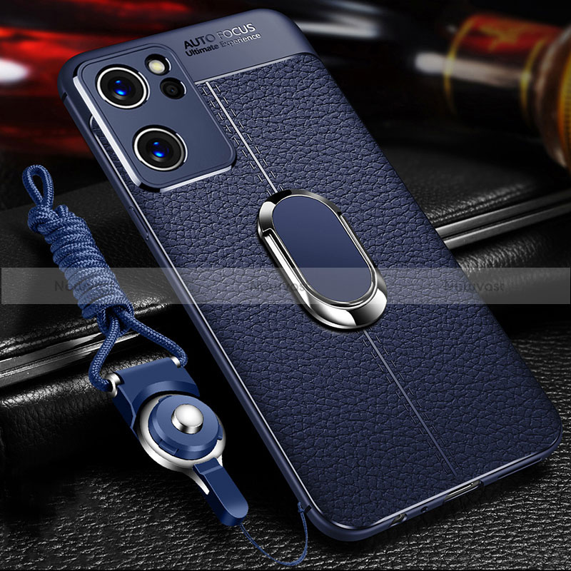 Soft Silicone Gel Leather Snap On Case Cover with Magnetic Finger Ring Stand for Oppo Find X5 Lite 5G Blue