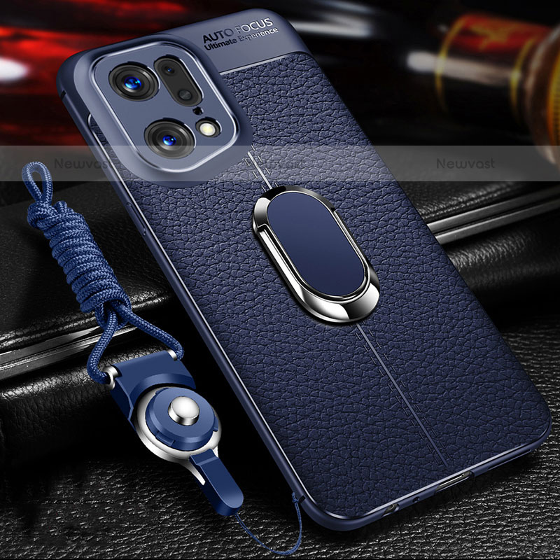 Soft Silicone Gel Leather Snap On Case Cover with Magnetic Finger Ring Stand for Oppo Find X5 Pro 5G