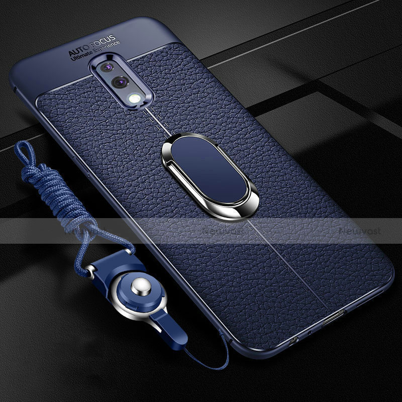 Soft Silicone Gel Leather Snap On Case Cover with Magnetic Finger Ring Stand for Oppo K3 Blue