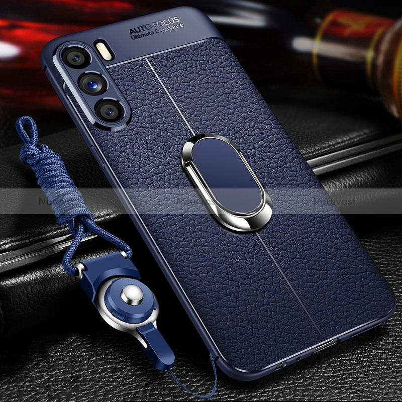 Soft Silicone Gel Leather Snap On Case Cover with Magnetic Finger Ring Stand for Oppo K9 Pro 5G Blue