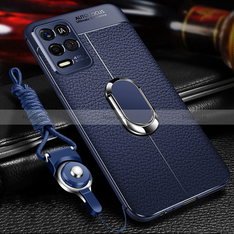 Soft Silicone Gel Leather Snap On Case Cover with Magnetic Finger Ring Stand for Oppo K9X 5G Blue