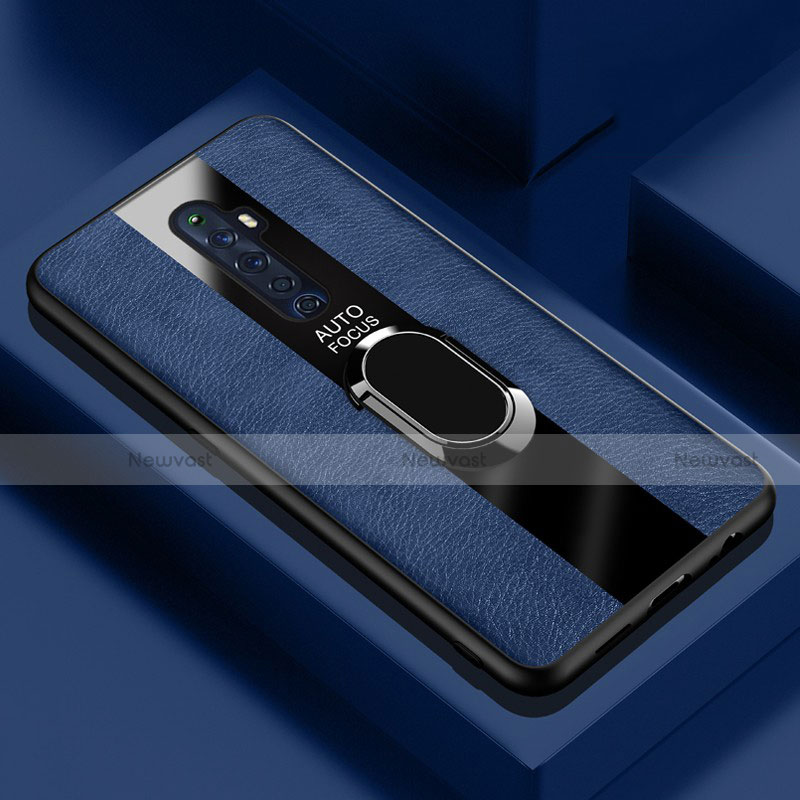 Soft Silicone Gel Leather Snap On Case Cover with Magnetic Finger Ring Stand for Oppo Reno2 Z Blue