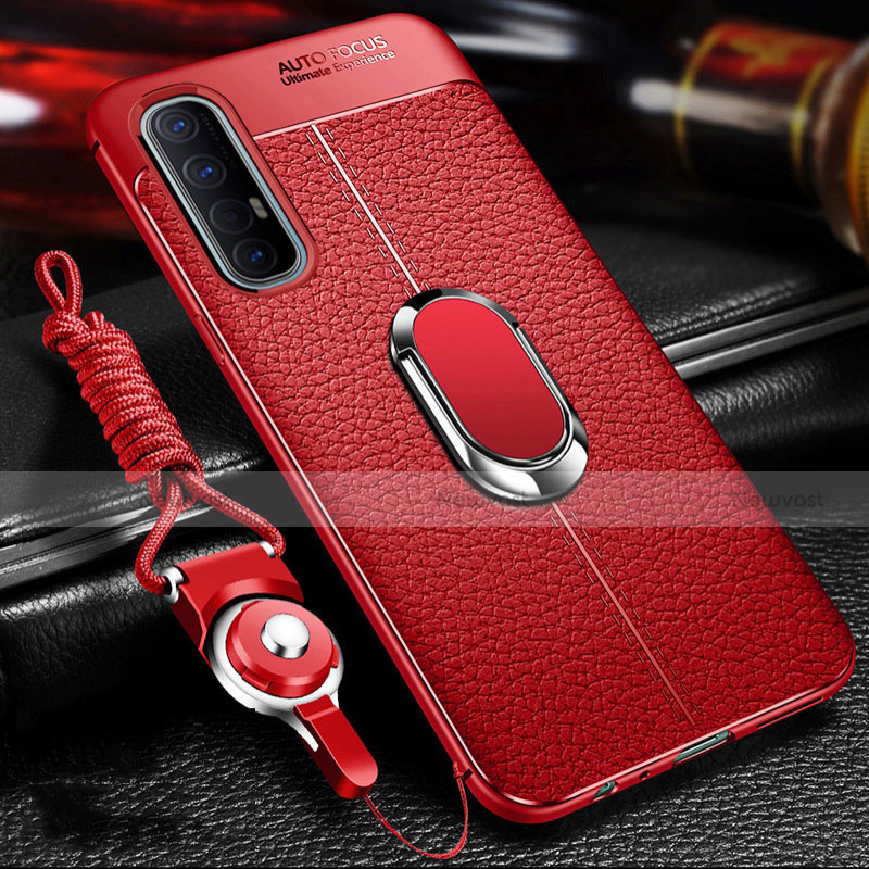 Soft Silicone Gel Leather Snap On Case Cover with Magnetic Finger Ring Stand for Oppo Reno3 Pro Red