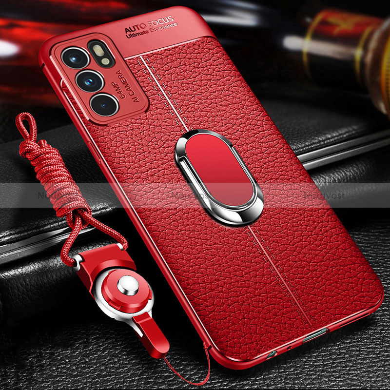 Soft Silicone Gel Leather Snap On Case Cover with Magnetic Finger Ring Stand for Oppo Reno6 5G Red