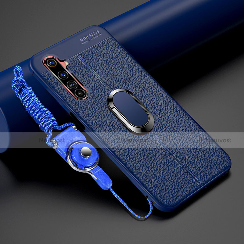 Soft Silicone Gel Leather Snap On Case Cover with Magnetic Finger Ring Stand for Realme 6 Pro Blue