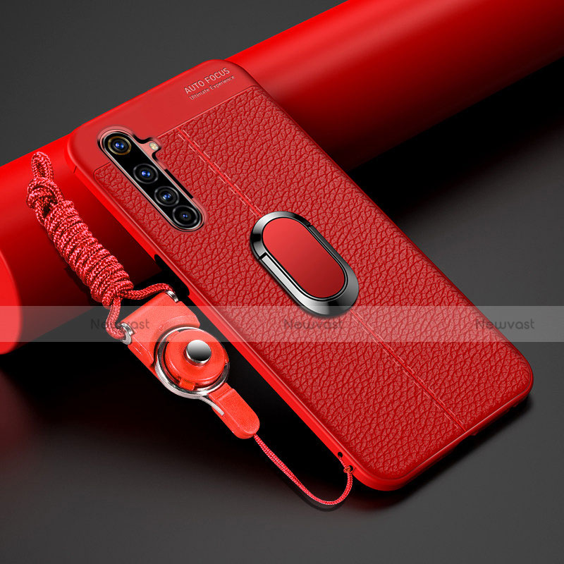 Soft Silicone Gel Leather Snap On Case Cover with Magnetic Finger Ring Stand for Realme 6 Pro Red