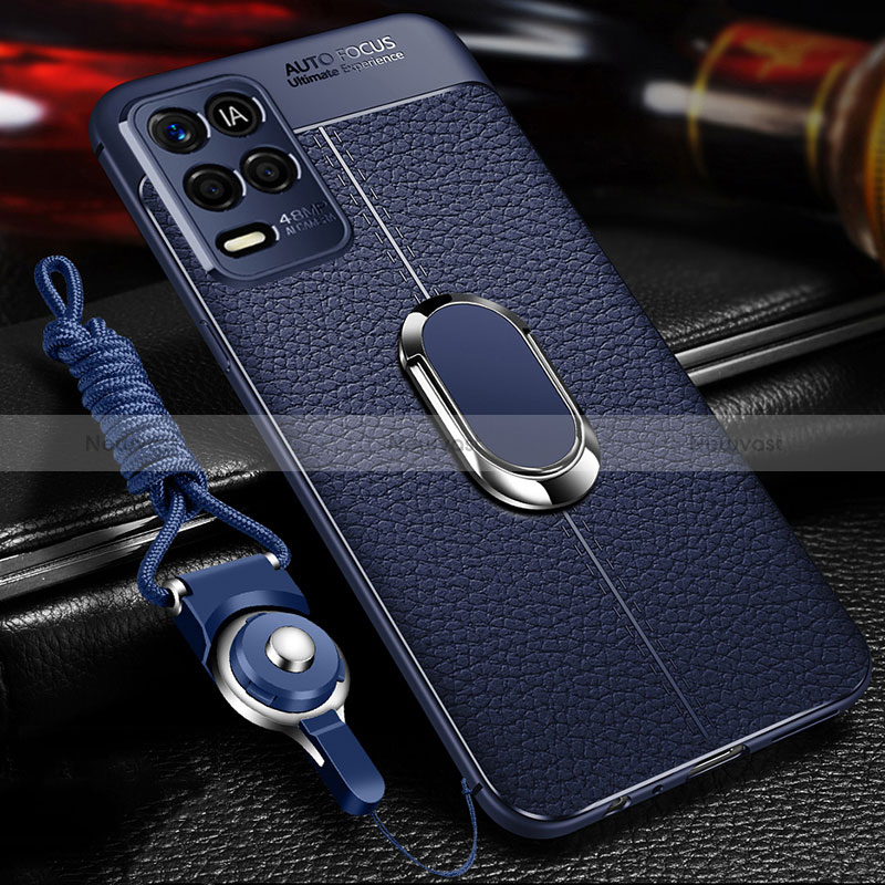 Soft Silicone Gel Leather Snap On Case Cover with Magnetic Finger Ring Stand for Realme 8 5G Blue