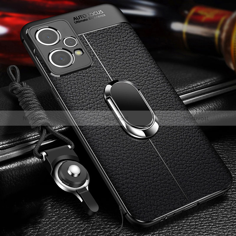 Soft Silicone Gel Leather Snap On Case Cover with Magnetic Finger Ring Stand for Realme 9 Pro 5G Black