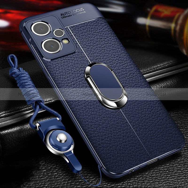 Soft Silicone Gel Leather Snap On Case Cover with Magnetic Finger Ring Stand for Realme 9 Pro+ Plus 5G Blue