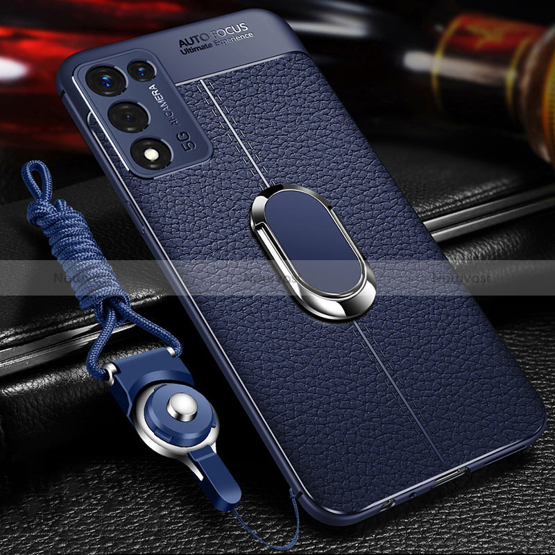 Soft Silicone Gel Leather Snap On Case Cover with Magnetic Finger Ring Stand for Realme 9 SE 5G Blue