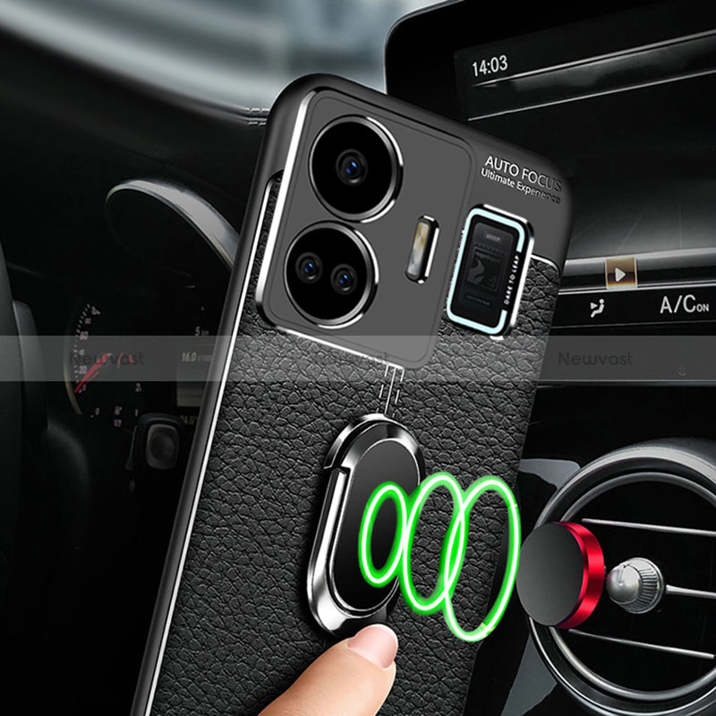 Soft Silicone Gel Leather Snap On Case Cover with Magnetic Finger Ring Stand for Realme GT5 5G