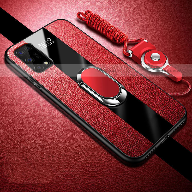 Soft Silicone Gel Leather Snap On Case Cover with Magnetic Finger Ring Stand for Realme Narzo 30 Pro 5G Red