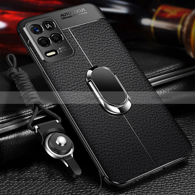 Soft Silicone Gel Leather Snap On Case Cover with Magnetic Finger Ring Stand for Realme Q3 5G Black