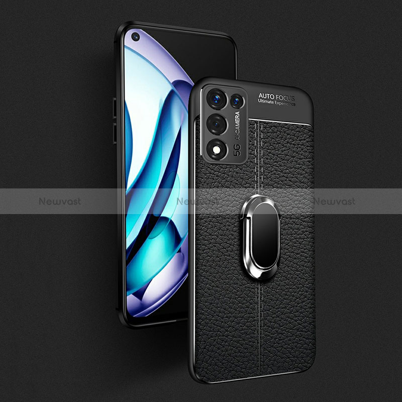 Soft Silicone Gel Leather Snap On Case Cover with Magnetic Finger Ring Stand for Realme Q3s 5G